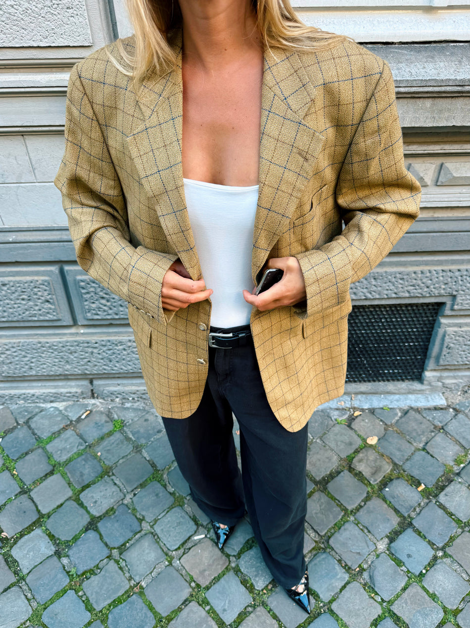 Beige Brown Khaki Checked Vintage Grandpa Blazer