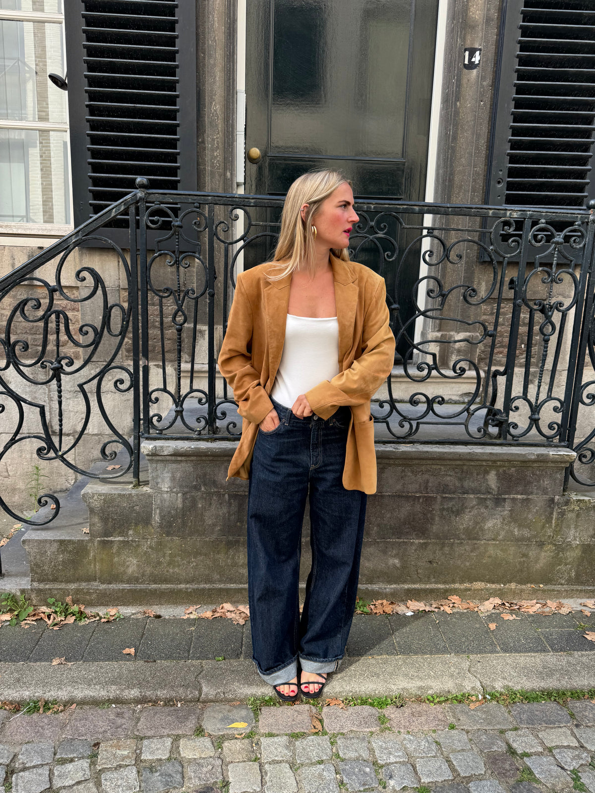 Camel Beige Oversized Suede Blazer