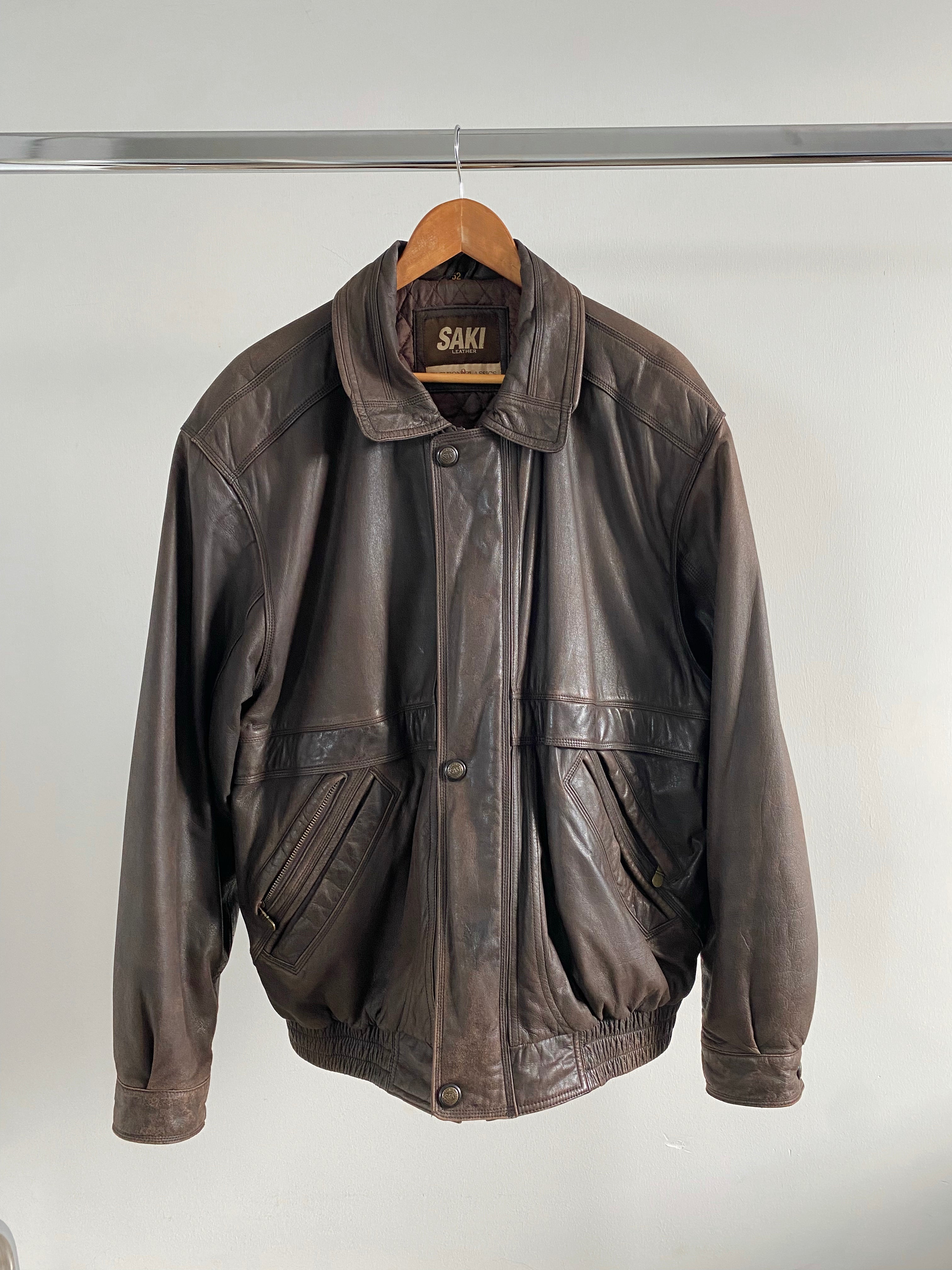 Dark Brown Oversized Leather Bomber Jacket, Vintage