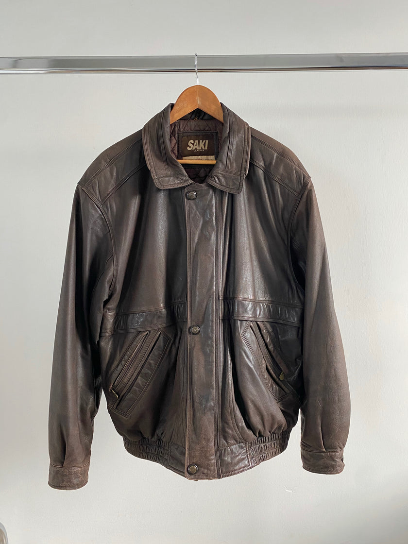Dark Brown Oversized Leather Bomber Jacket, Vintage