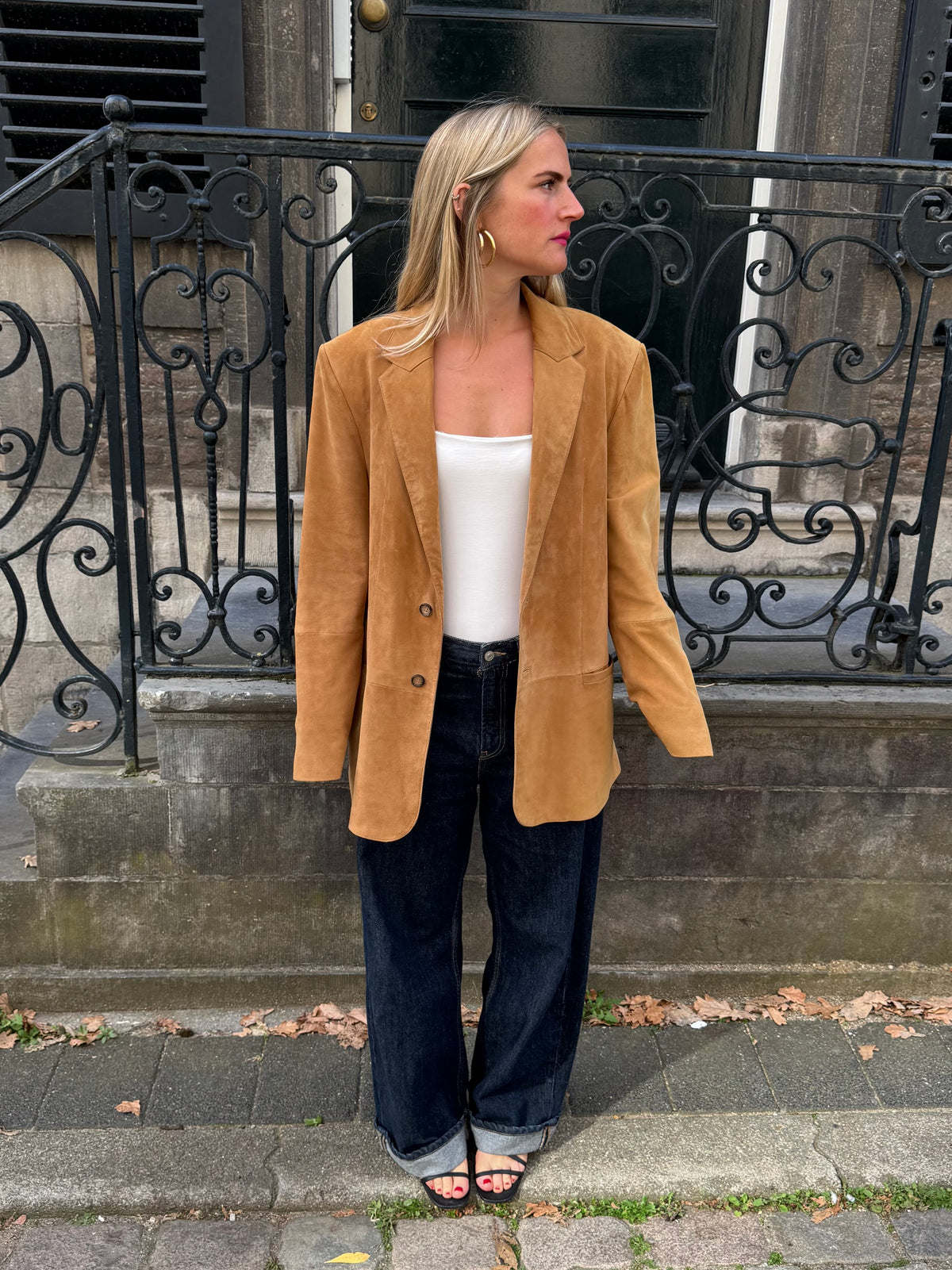 Camel Beige Oversized Suede Blazer