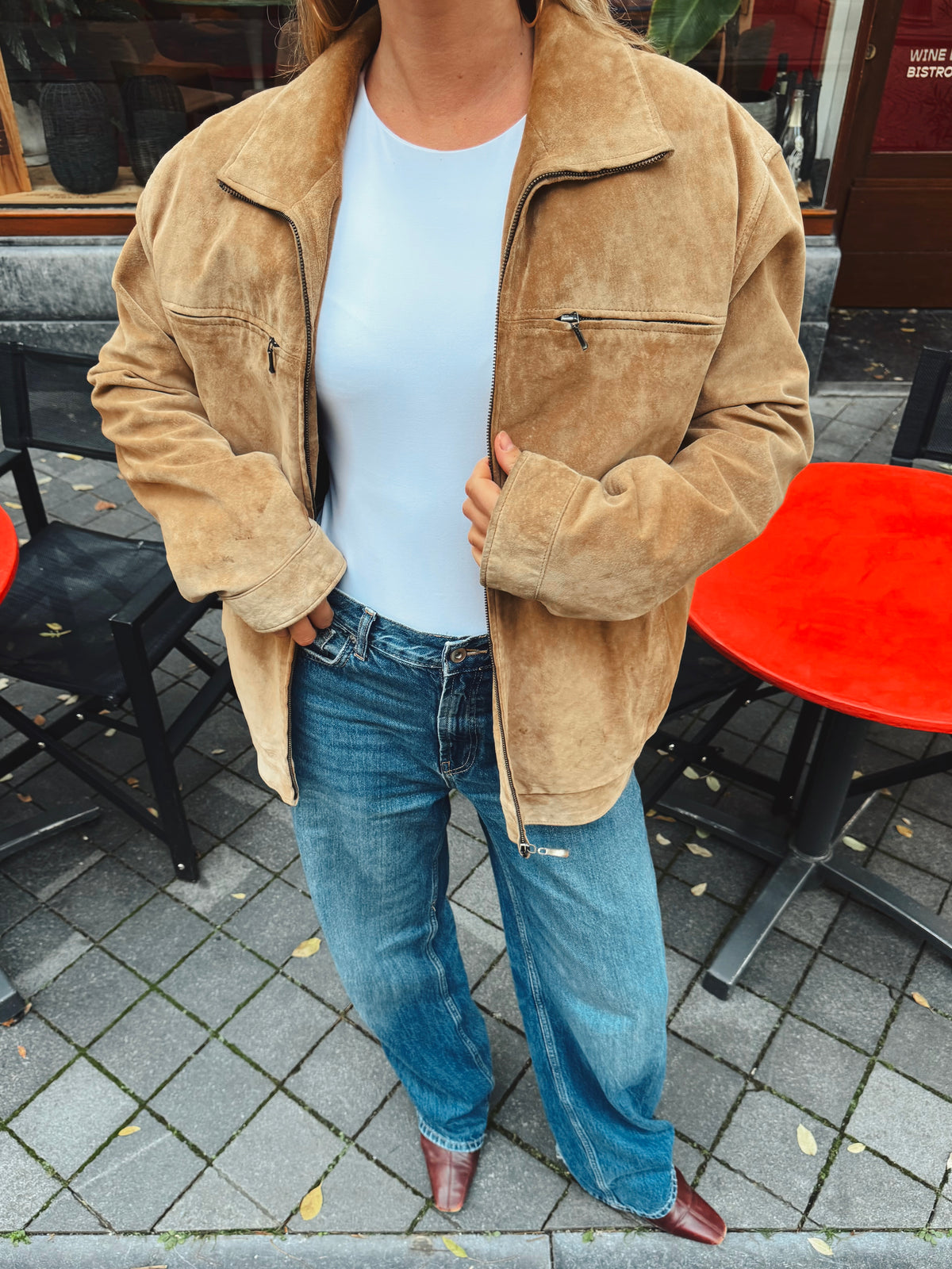 Beige Suede Bomber Jacket