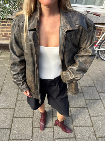 Grey Black Distressed Leather Jacket