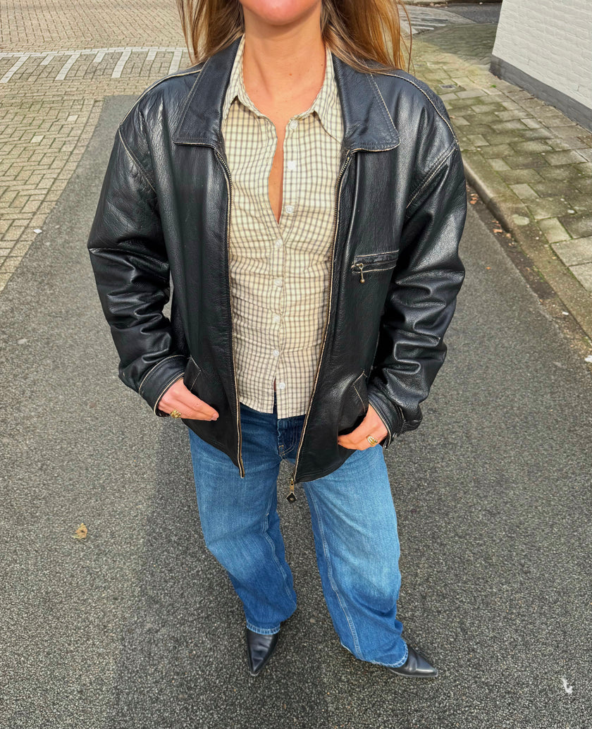 Oversized Black Leather Bomber Jacket