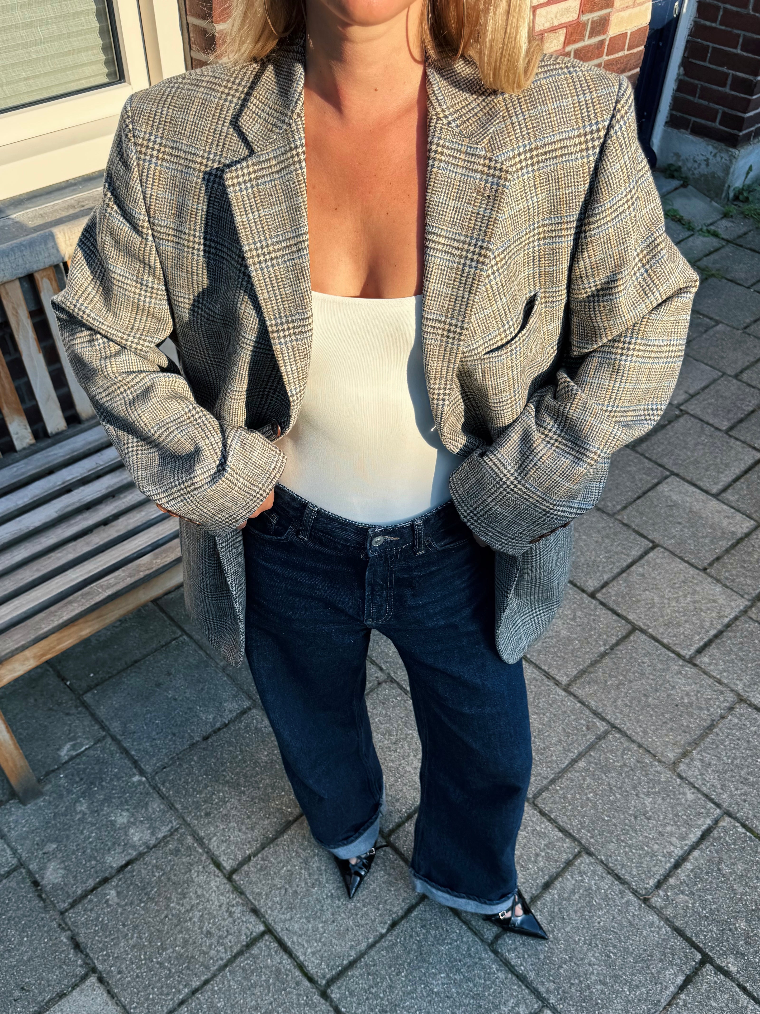 Grey Brown Oversized Checked Blazer
