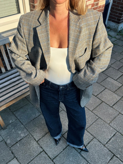 Grey Brown Oversized Checked Blazer
