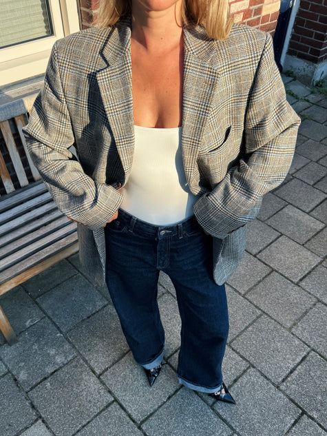 Grey Brown Oversized Checked Blazer