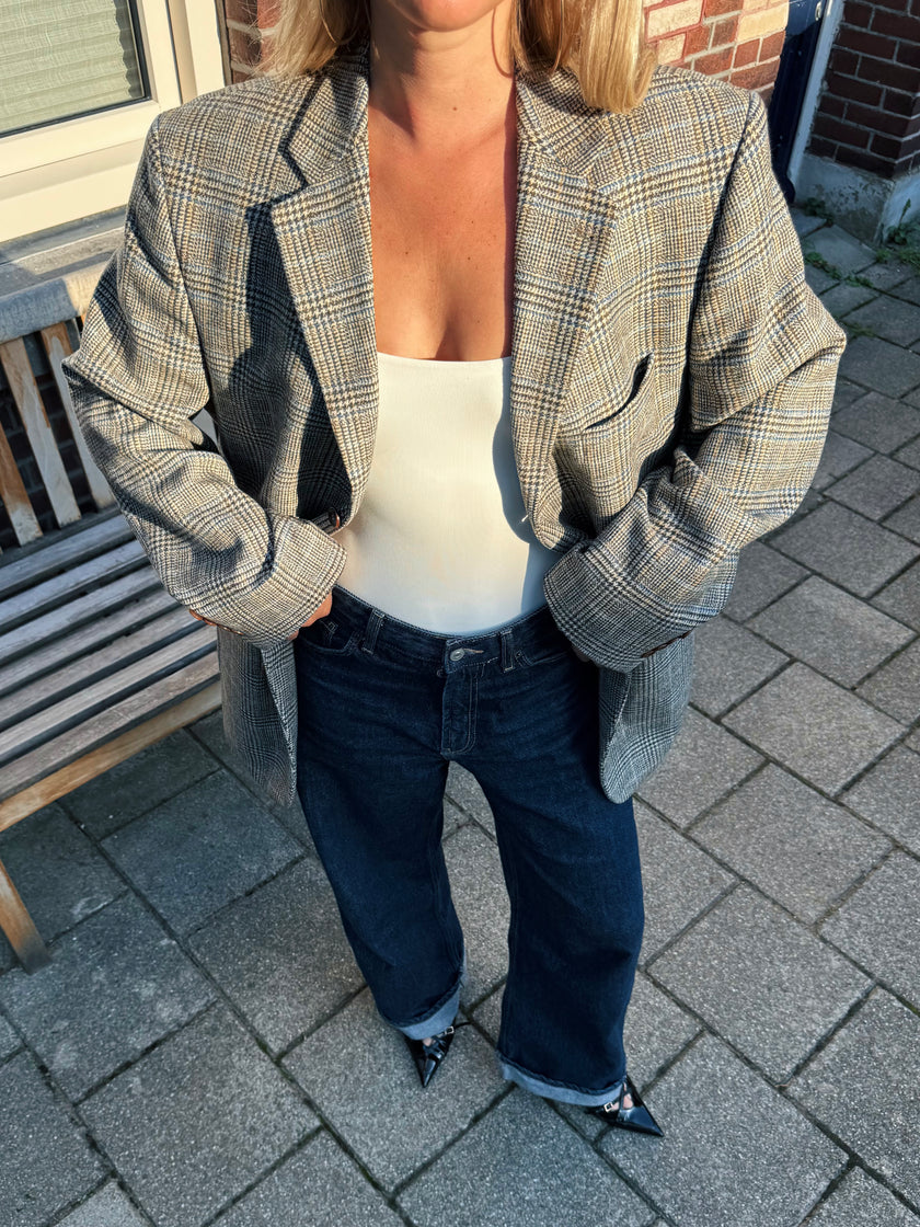 Grey Brown Oversized Checked Blazer