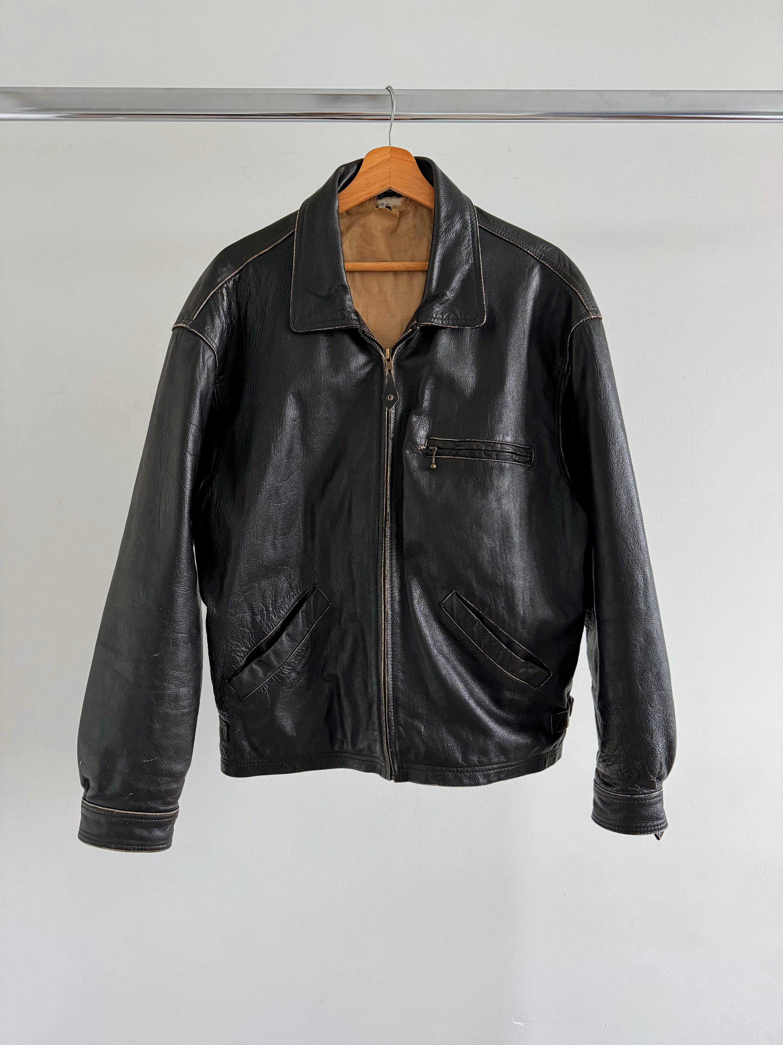 Oversized Black Leather Bomber Jacket