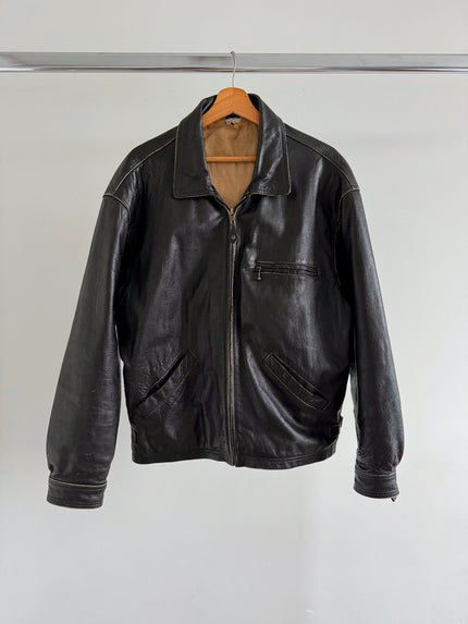 Oversized Black Leather Bomber Jacket