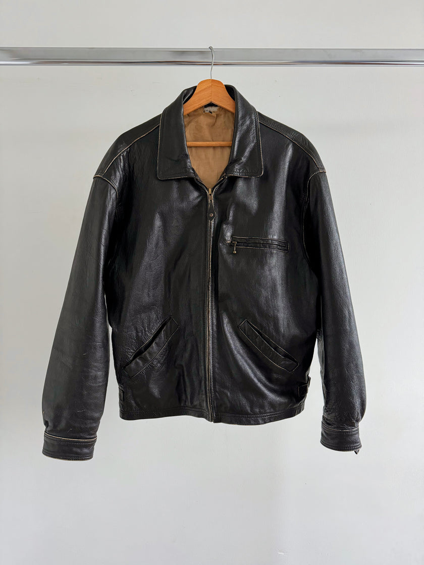 Oversized Black Leather Bomber Jacket