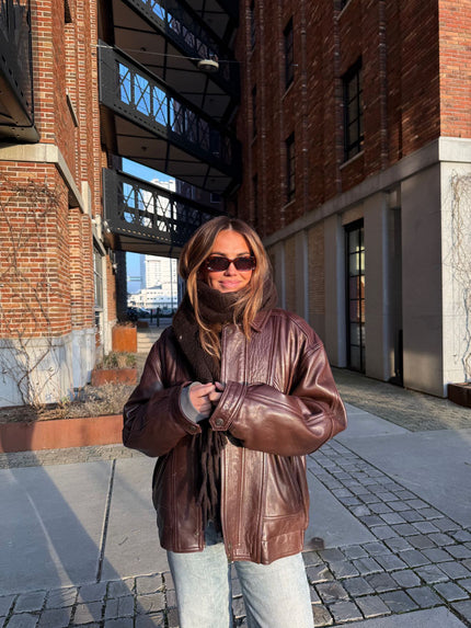 90s Vintage Oversized Brown Leather Bomber Jacket