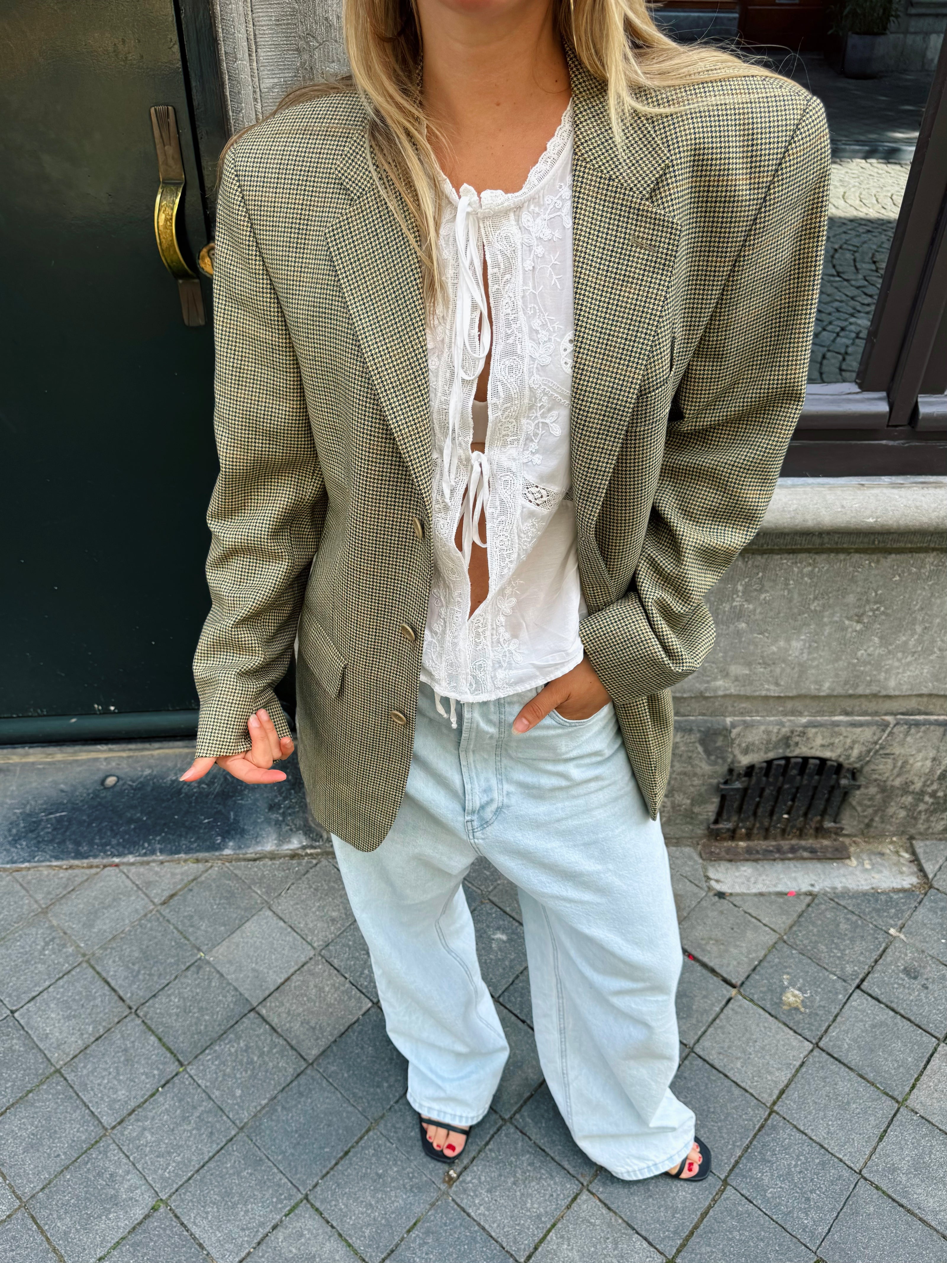 Grey Beige Checked Oversized Blazer