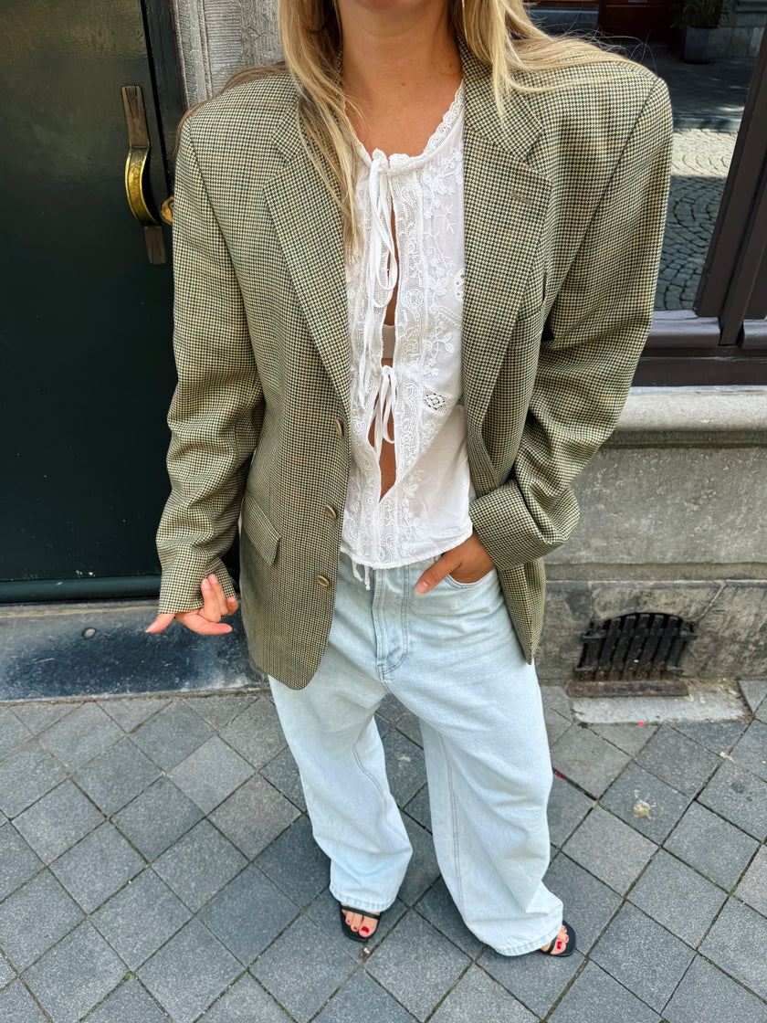 Grey Beige Checked Oversized Blazer