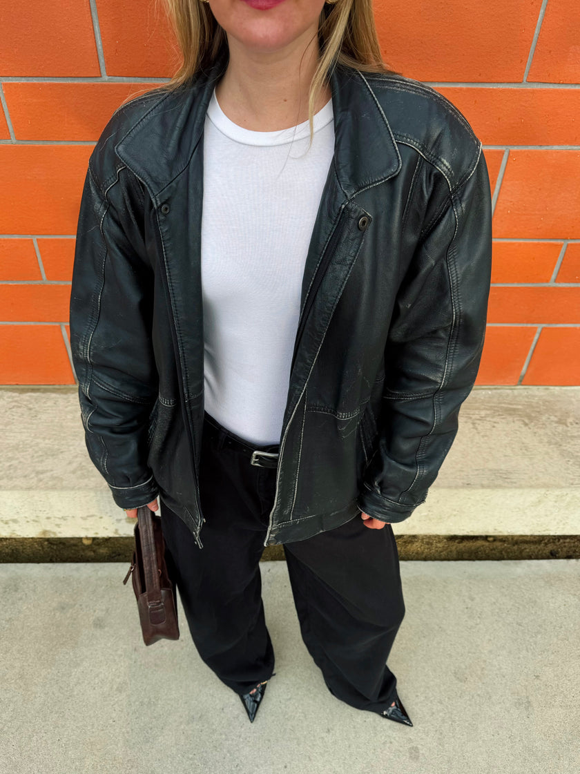 Rustic Black Leather Bomber Jacket