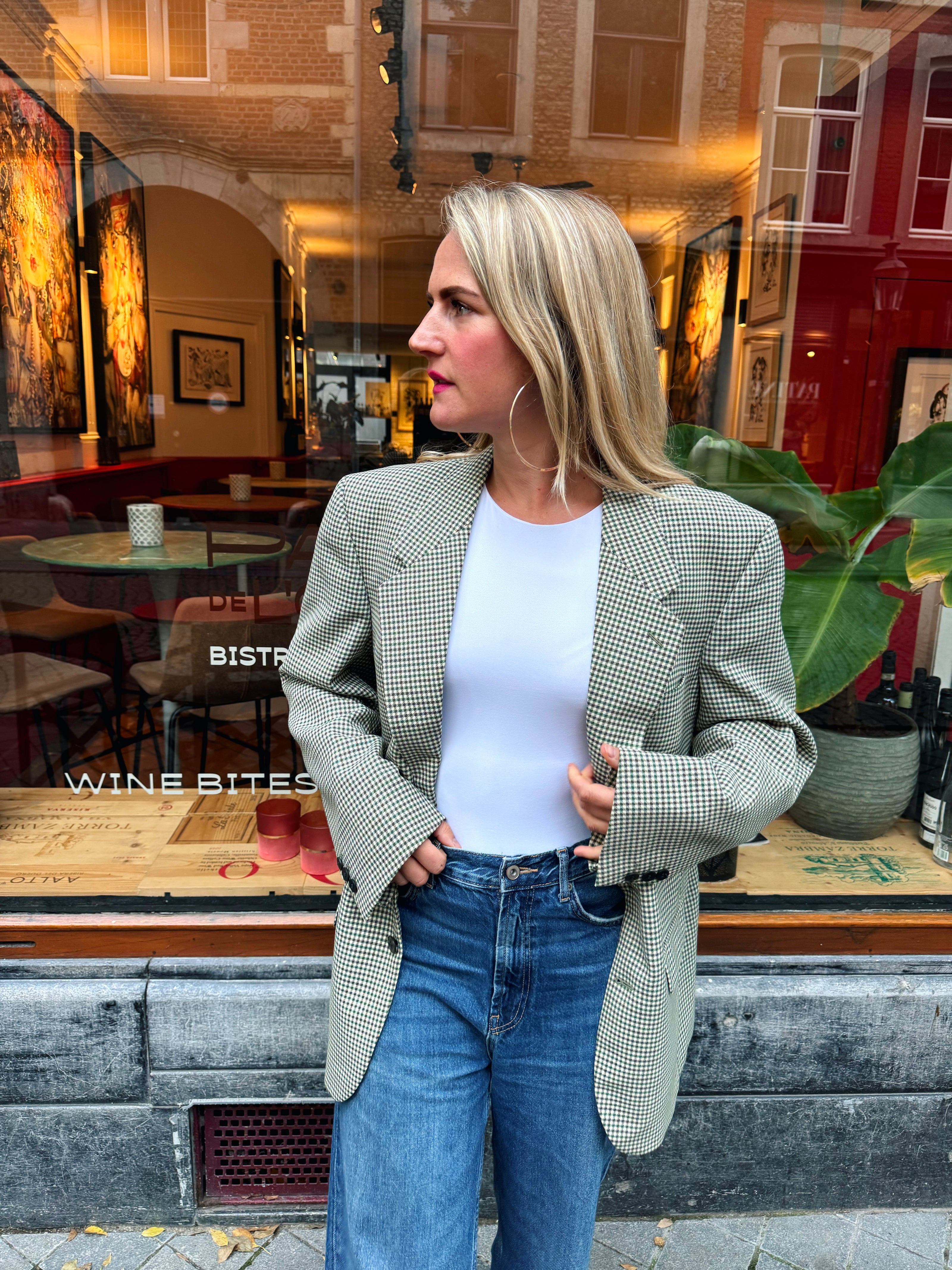 Dark Green Checked Oversized Blazer