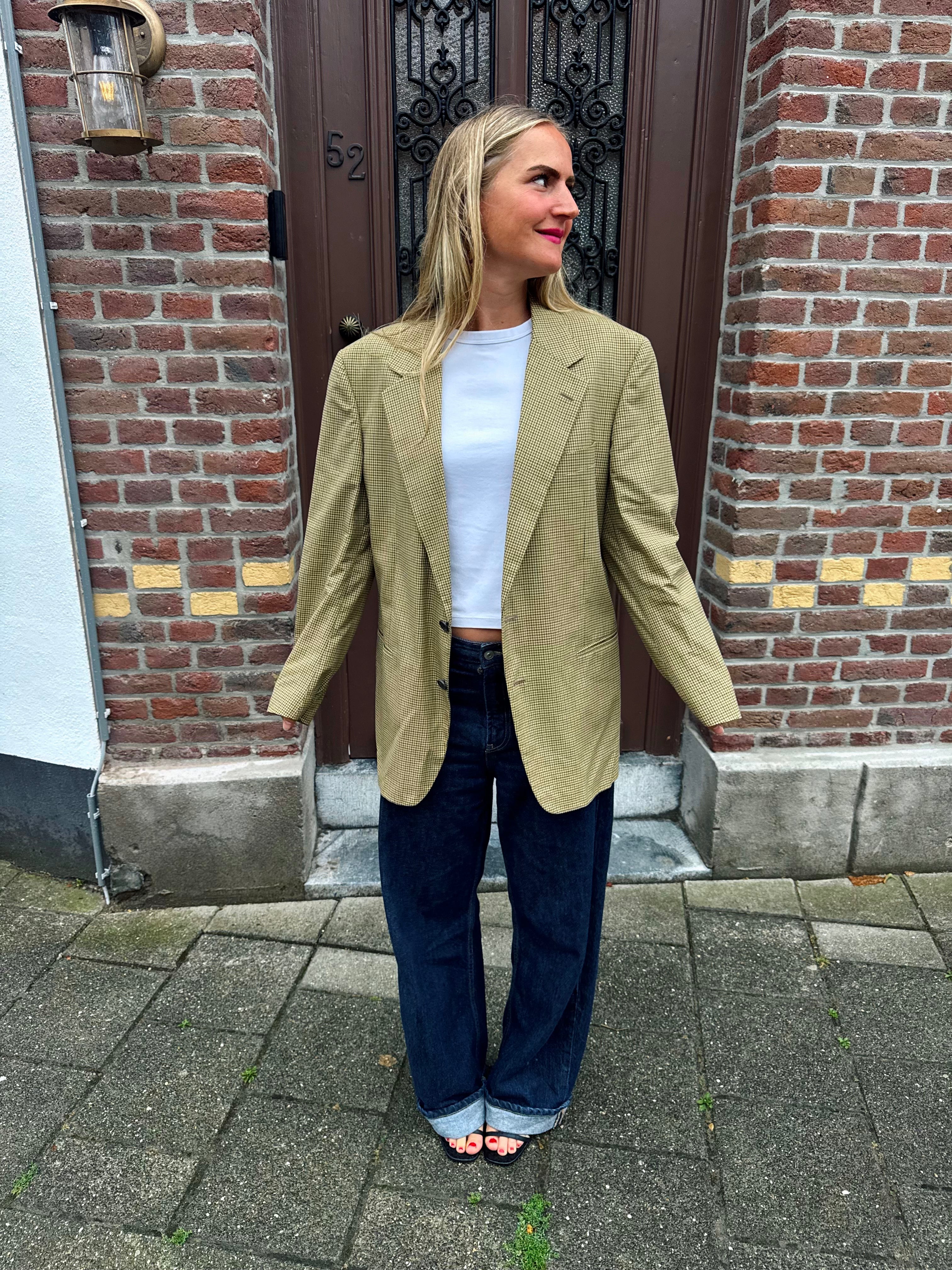 Yellow Beige Checked Oversized Blazer