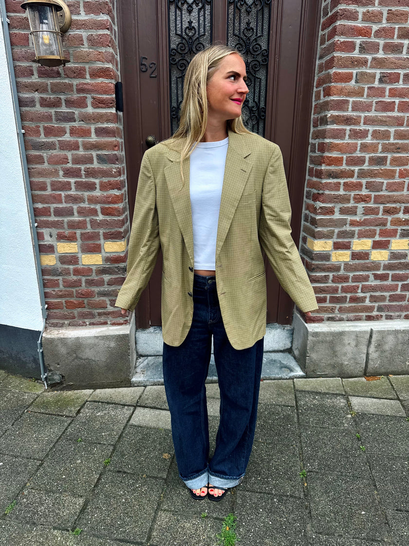 Yellow Beige Checked Oversized Blazer
