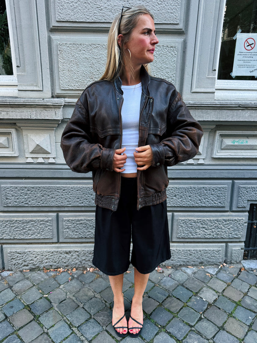90s Dark Brown Vintage Leather Bomber Jacket