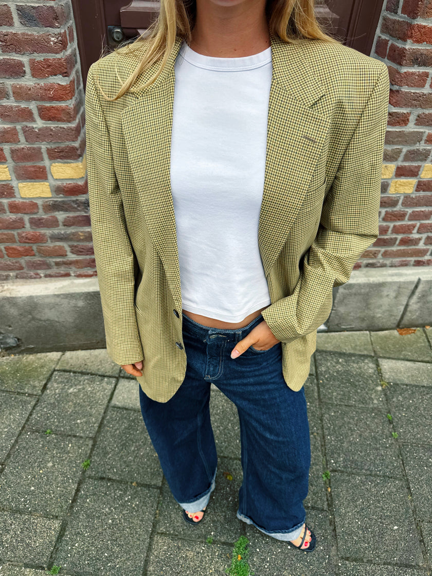 Yellow Beige Checked Oversized Blazer