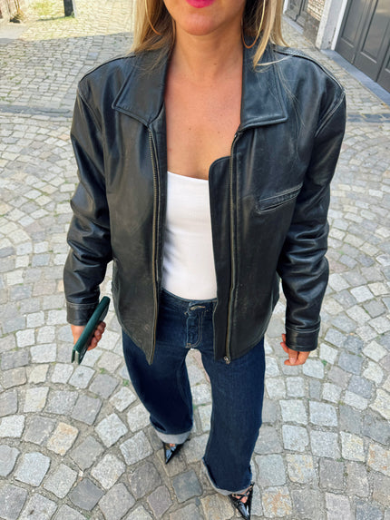 Black Leather Oversized Vintage Bomber