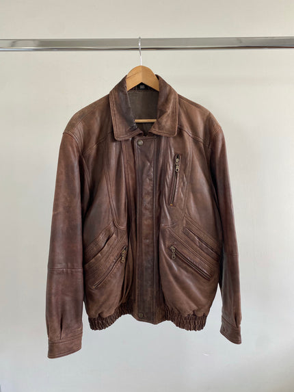 Light Brown Leather Bomber Jacket, Oversized & Vintage