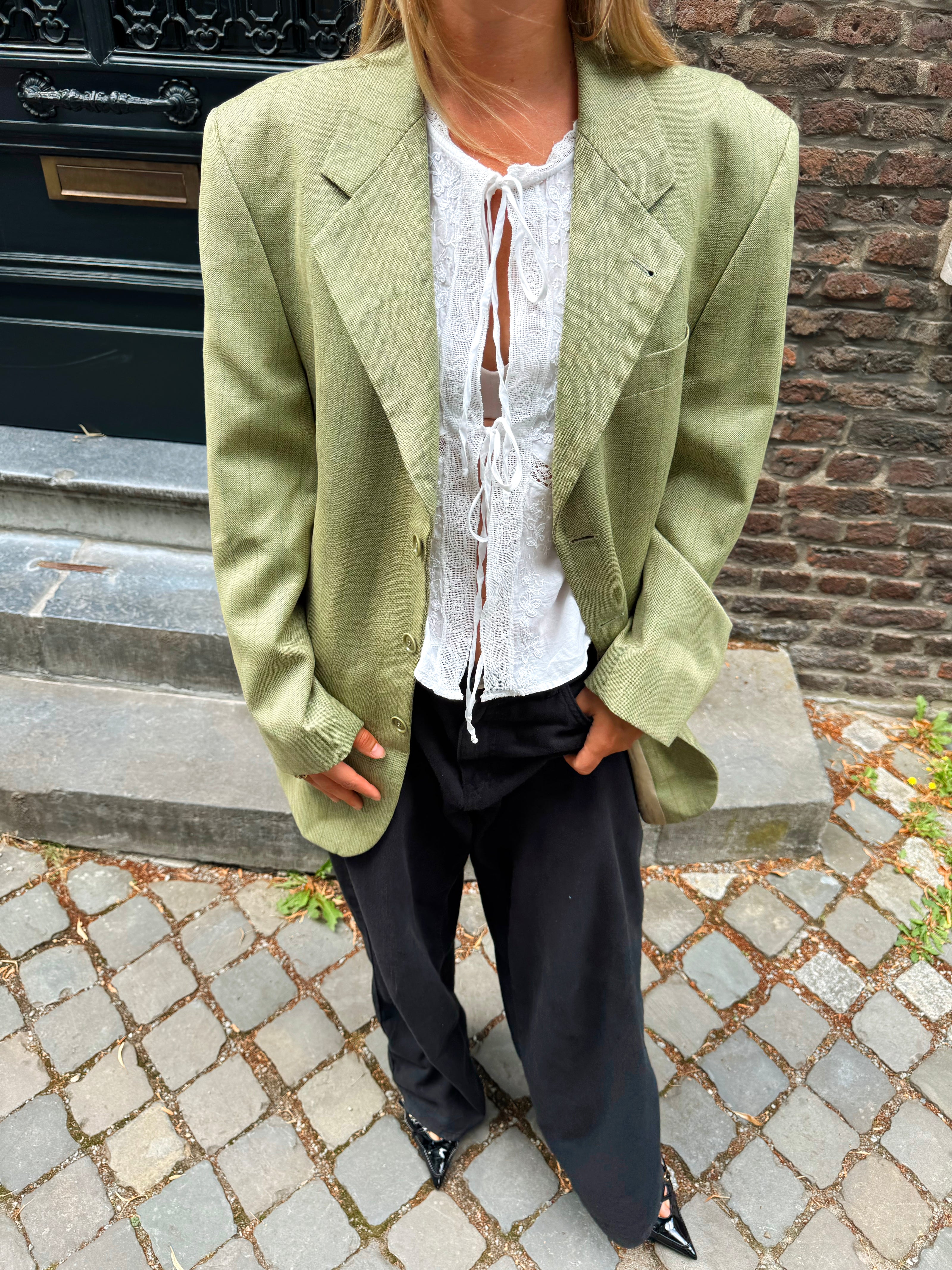 Mint green / beige checked oversized blazer