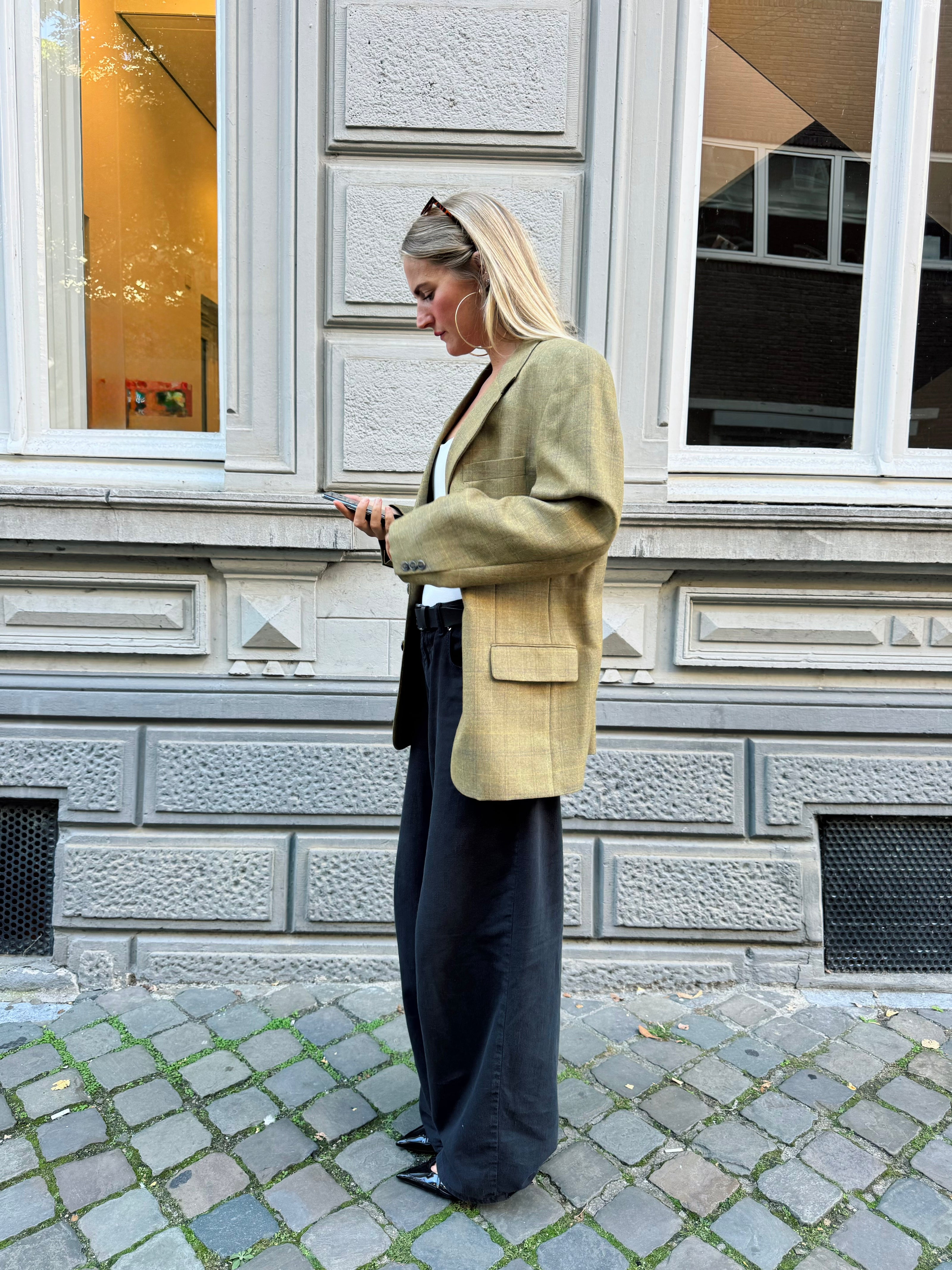 Dark Khaki Green Checked Oversized Blazer