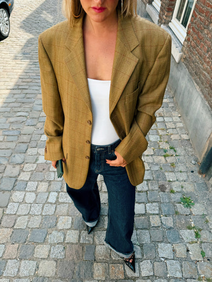 Golden Beige Checked Oversized Blazer