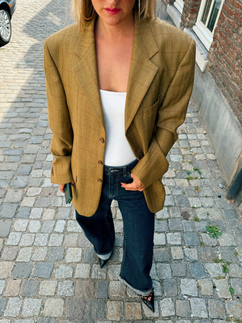 Golden Beige Checked Oversized Blazer