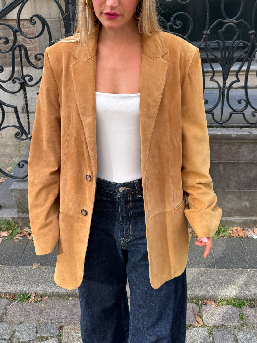 Camel Beige Oversized Suede Blazer