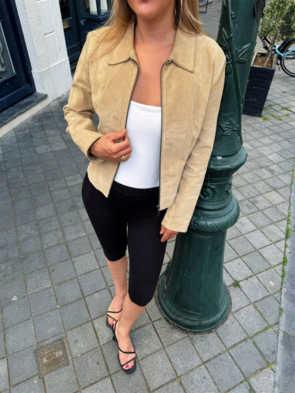 Fitted Short Beige Suede Vintage Jacket