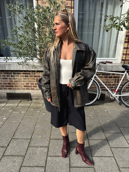 Grey Black Distressed Leather Jacket