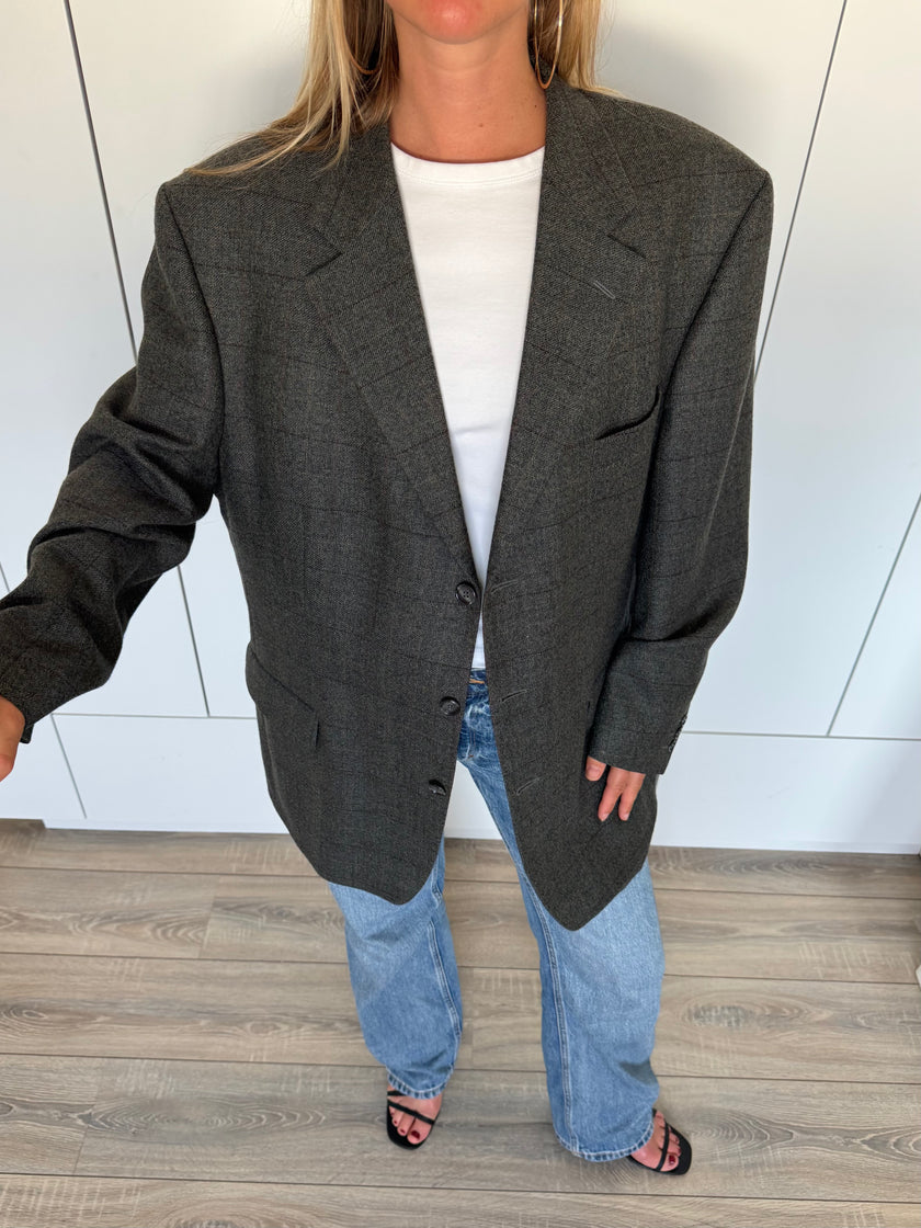 Grey Green Checked Oversized Vintage Blazer