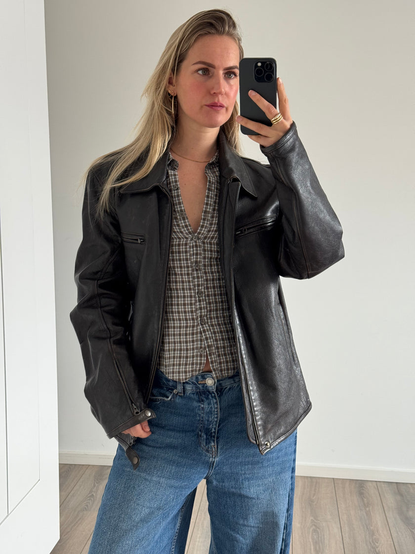 Black / Brown Distressed Oversized Leather Jacket