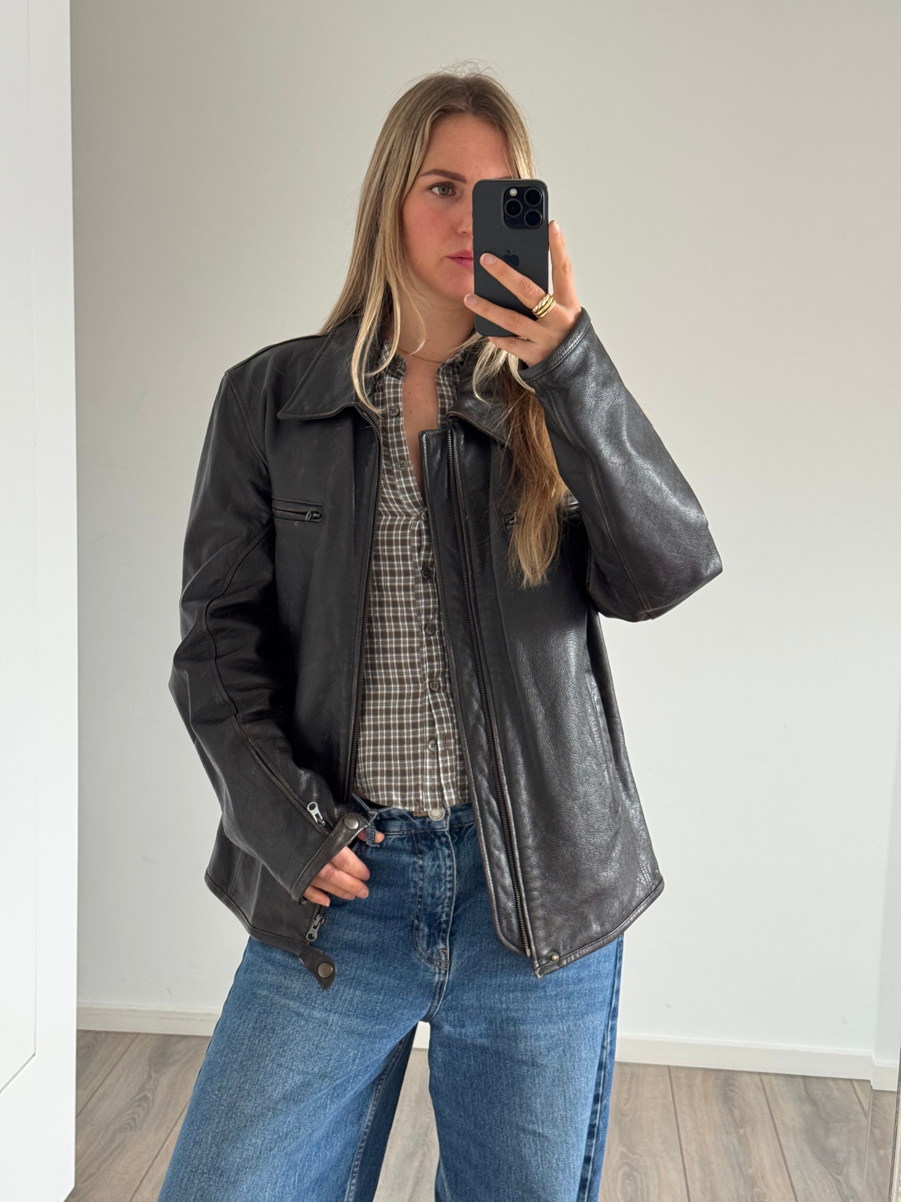 Black / Brown Distressed Oversized Leather Jacket