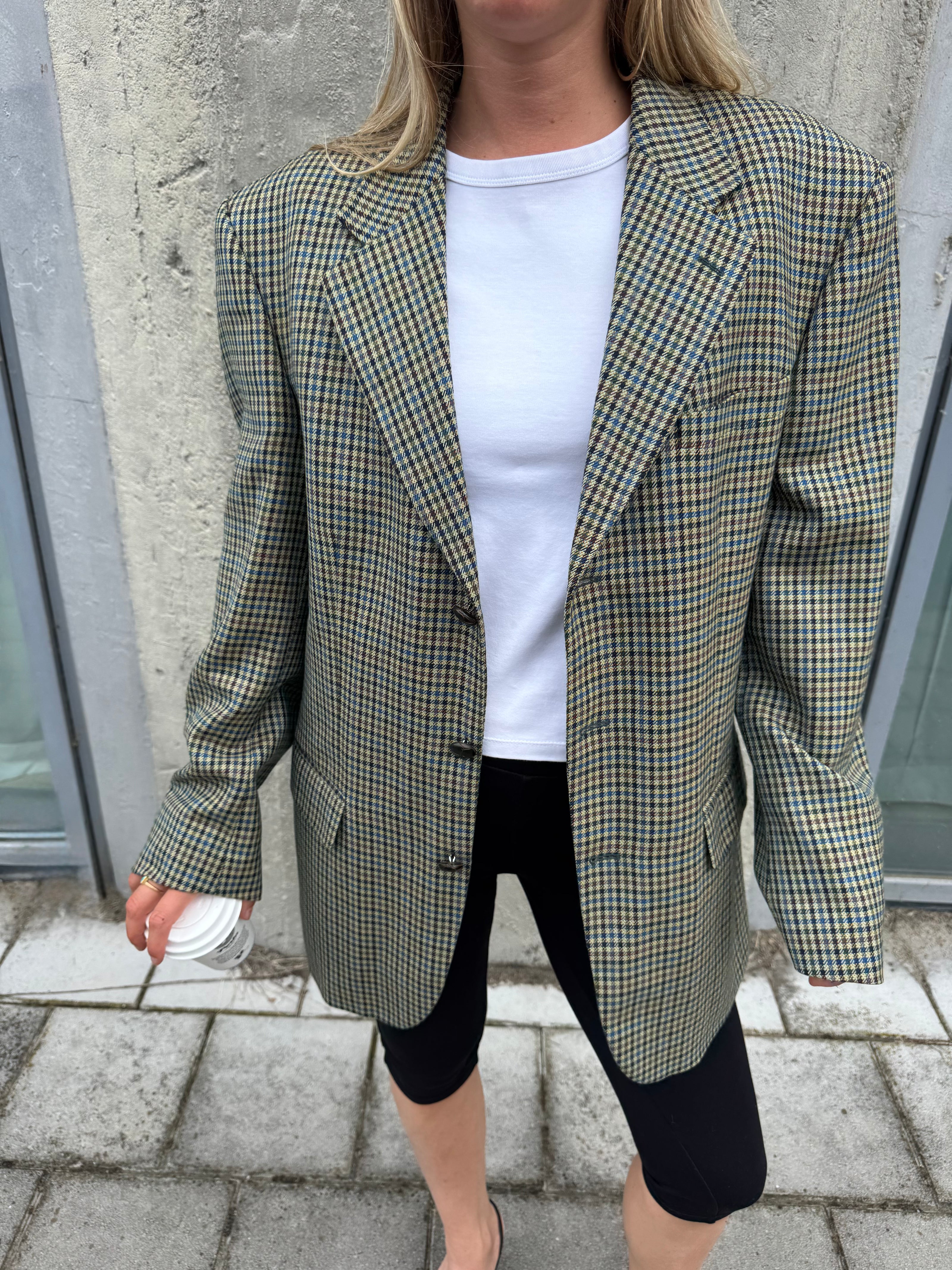 Beige Checked Oversized Blazer