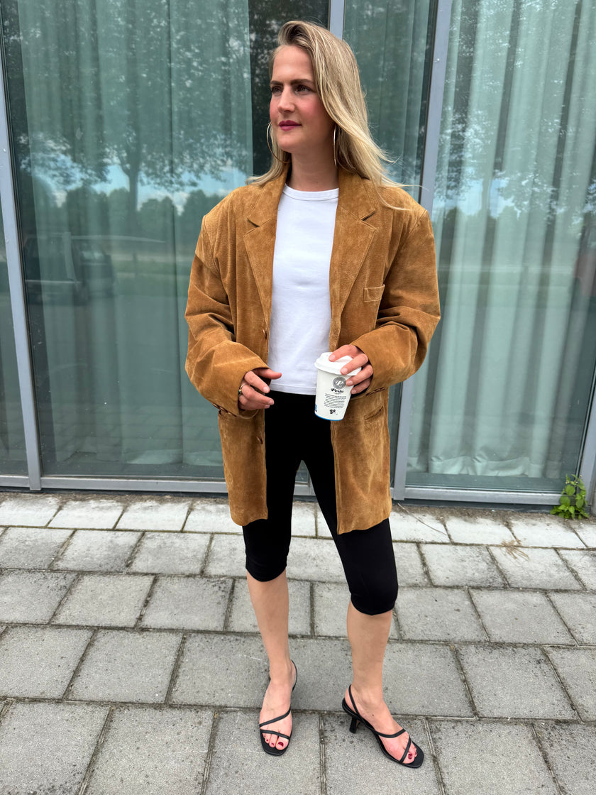 Golden Beige Suede Oversized Blazer