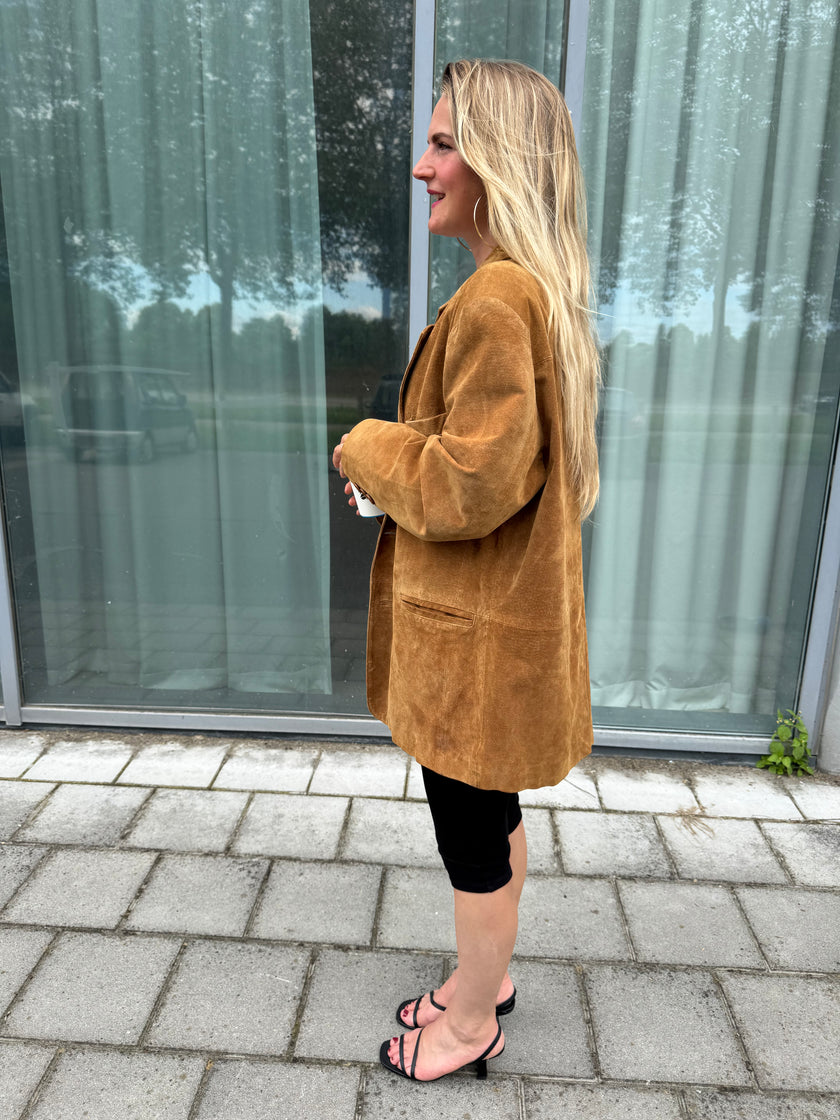 Golden Beige Suede Oversized Blazer