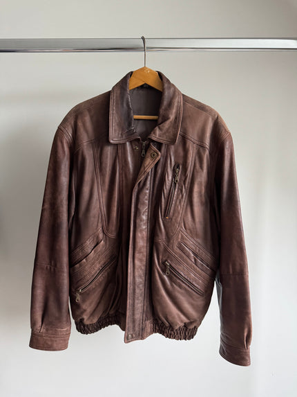 Vintage Brown Oversized Leather Bomber Jacket