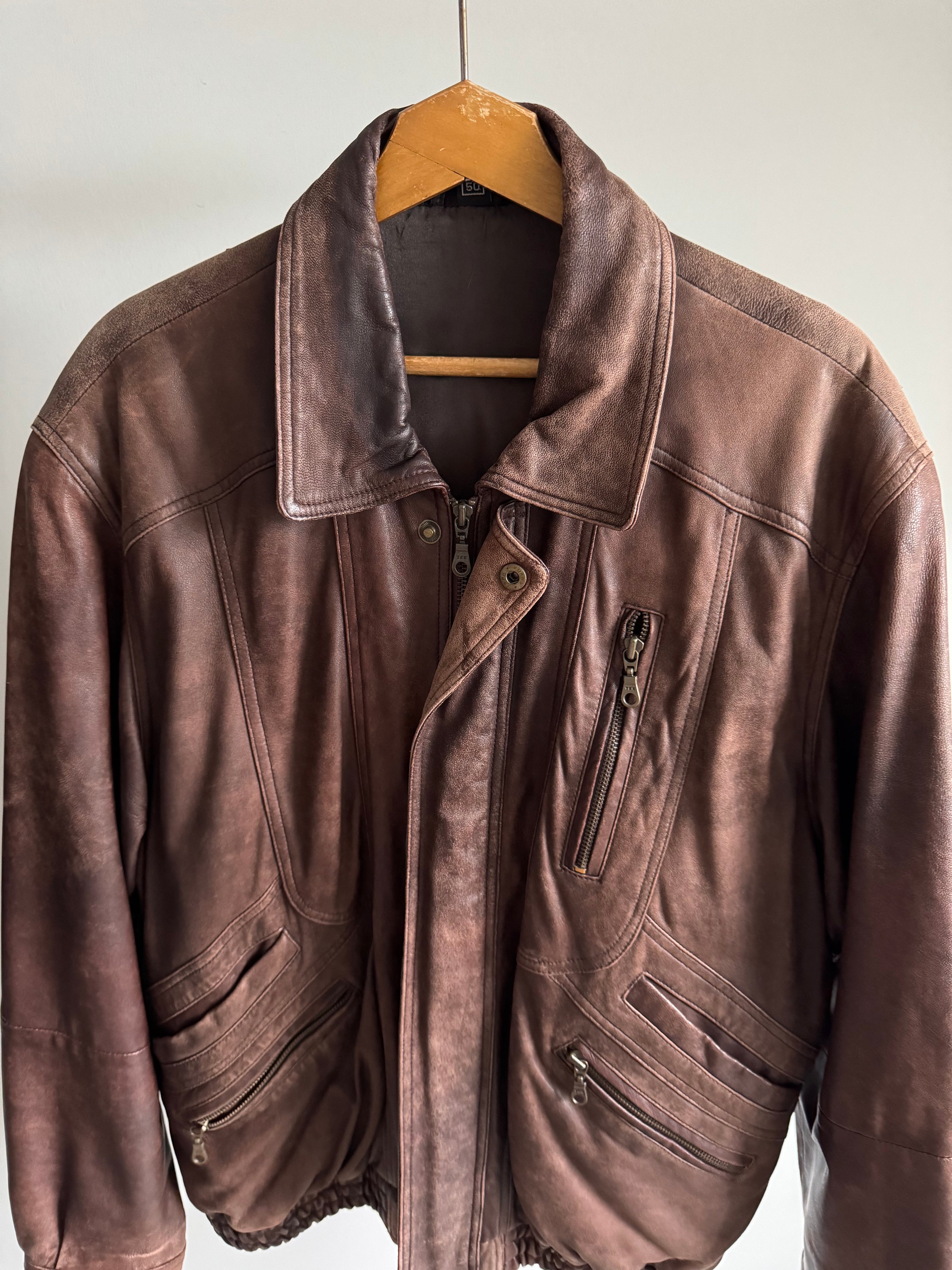 Vintage Brown Oversized Leather Bomber Jacket