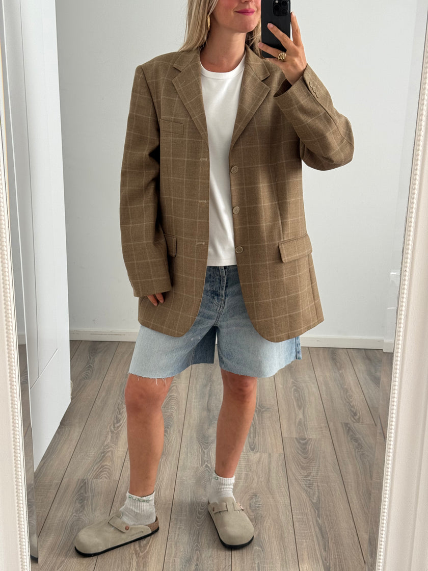 Beige Brown Oversized Checked Blazer