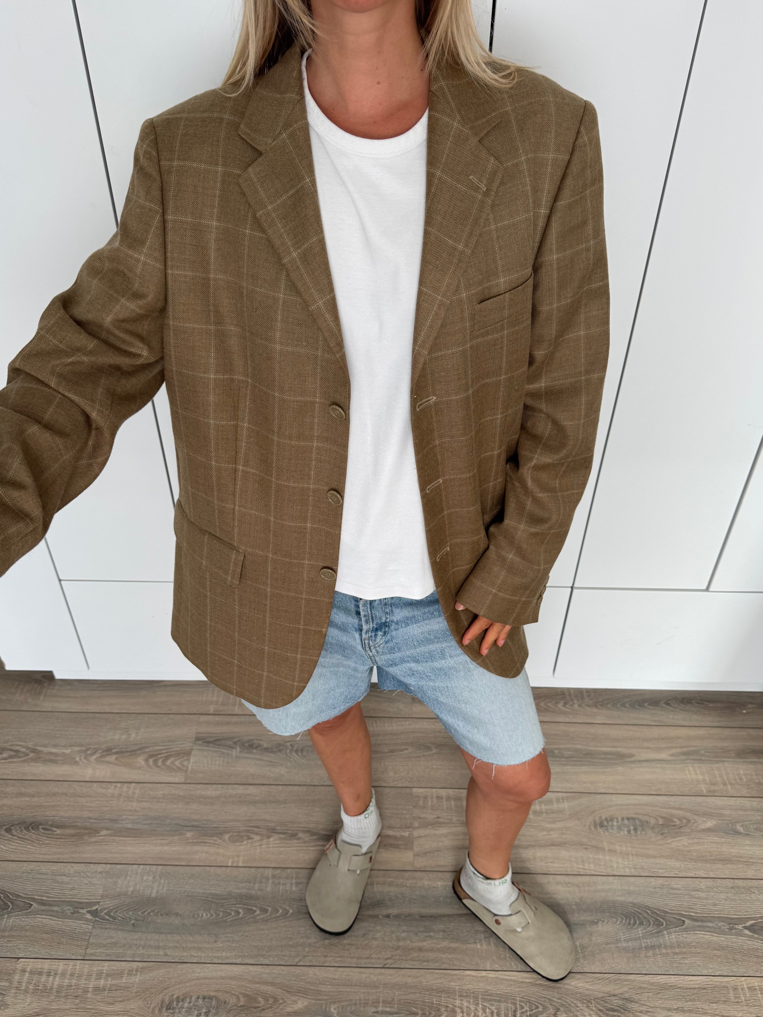 Beige Brown Oversized Checked Blazer
