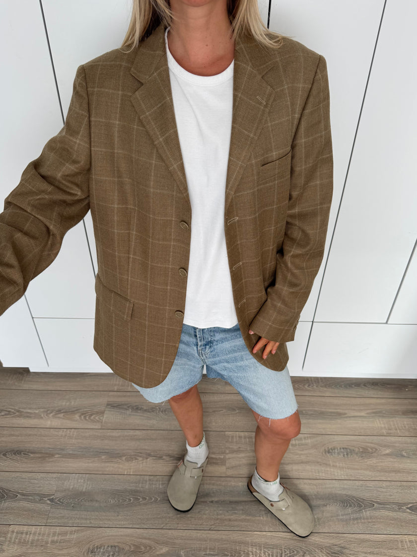 Beige Brown Oversized Checked Blazer
