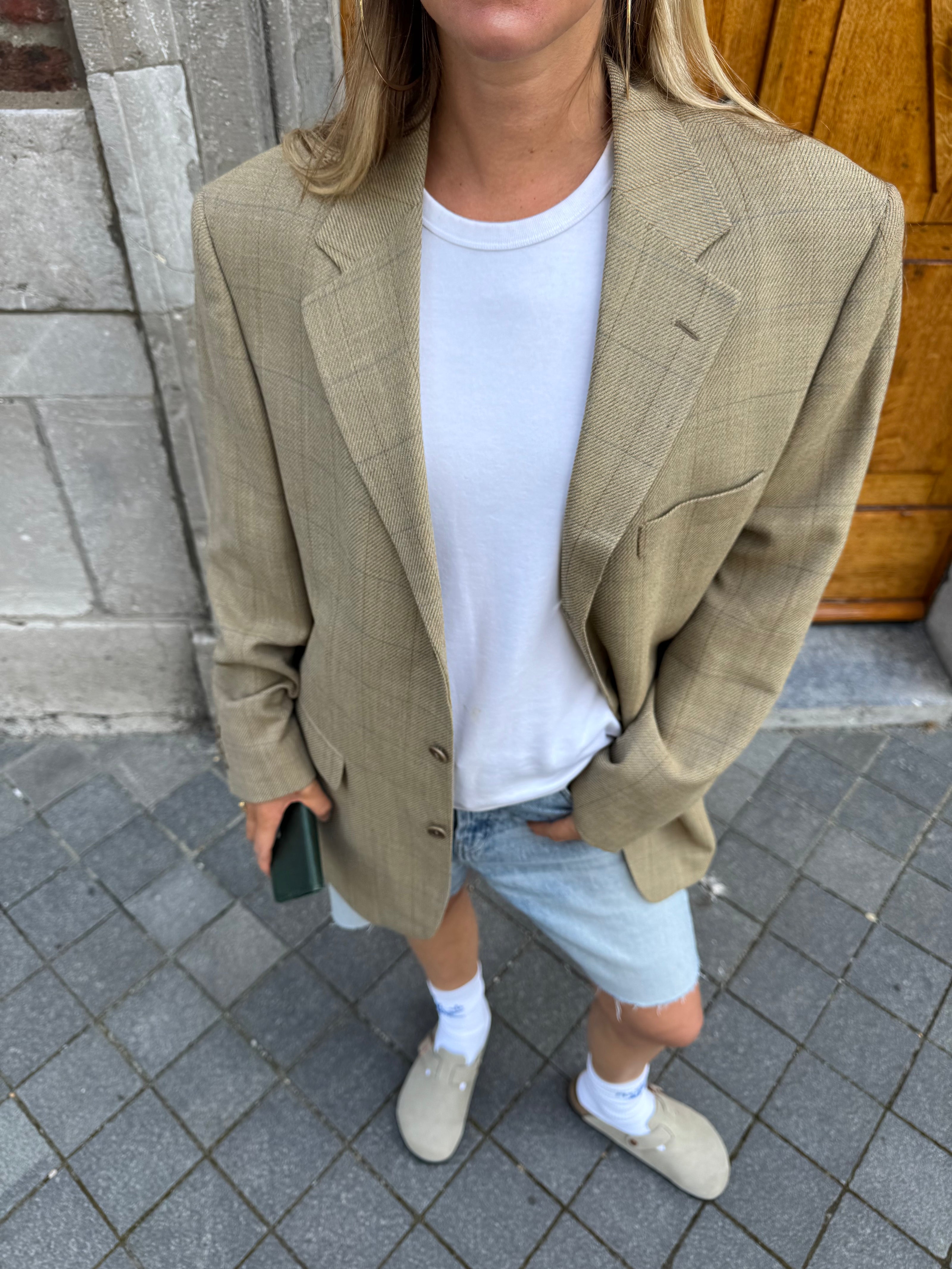 Beige Checked Oversized Blazer