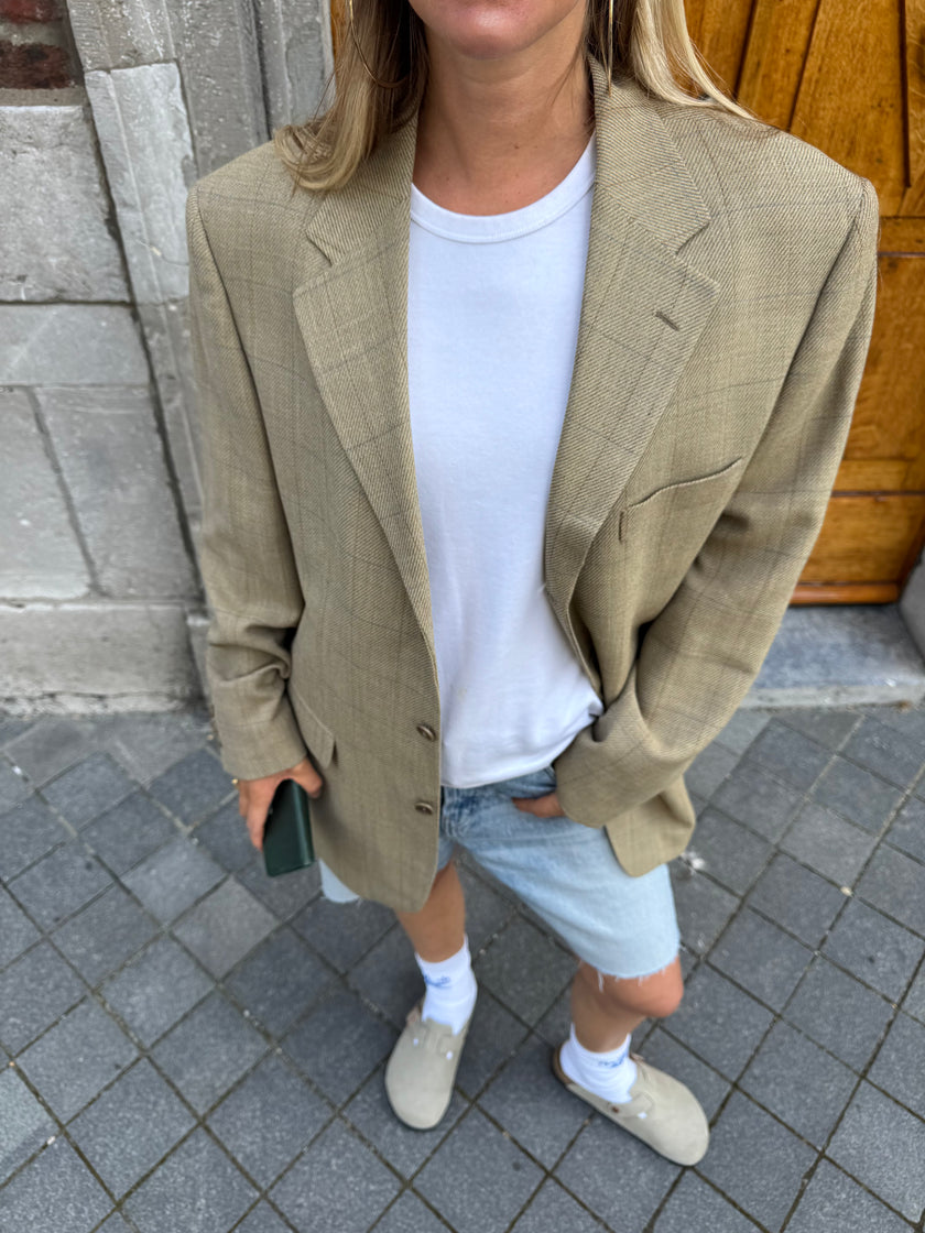 Beige Checked Oversized Blazer