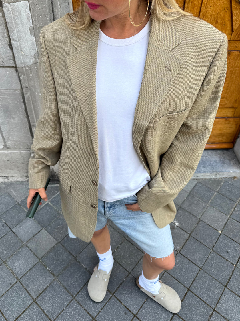 Beige Checked Oversized Blazer