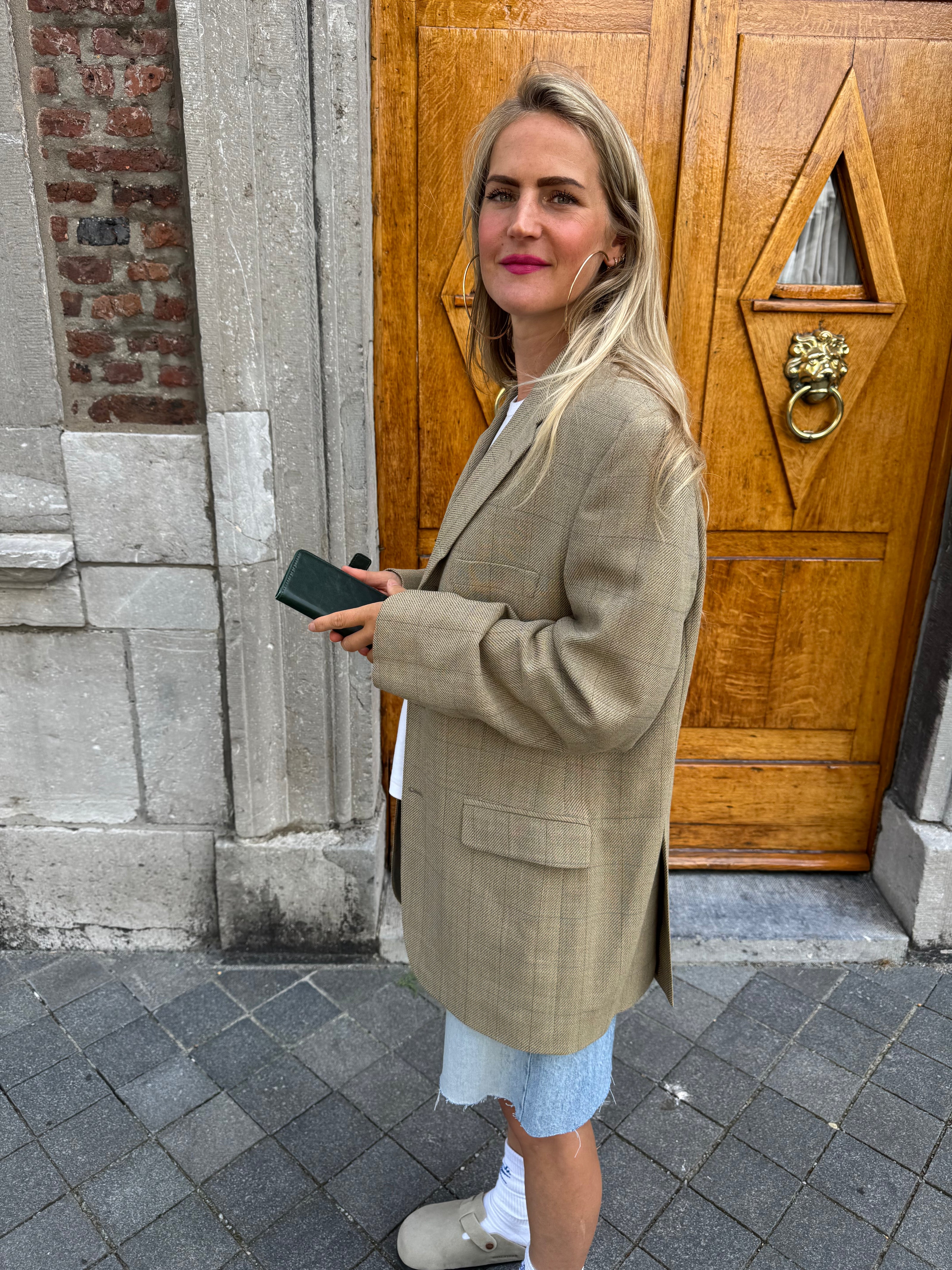 Beige Checked Oversized Blazer