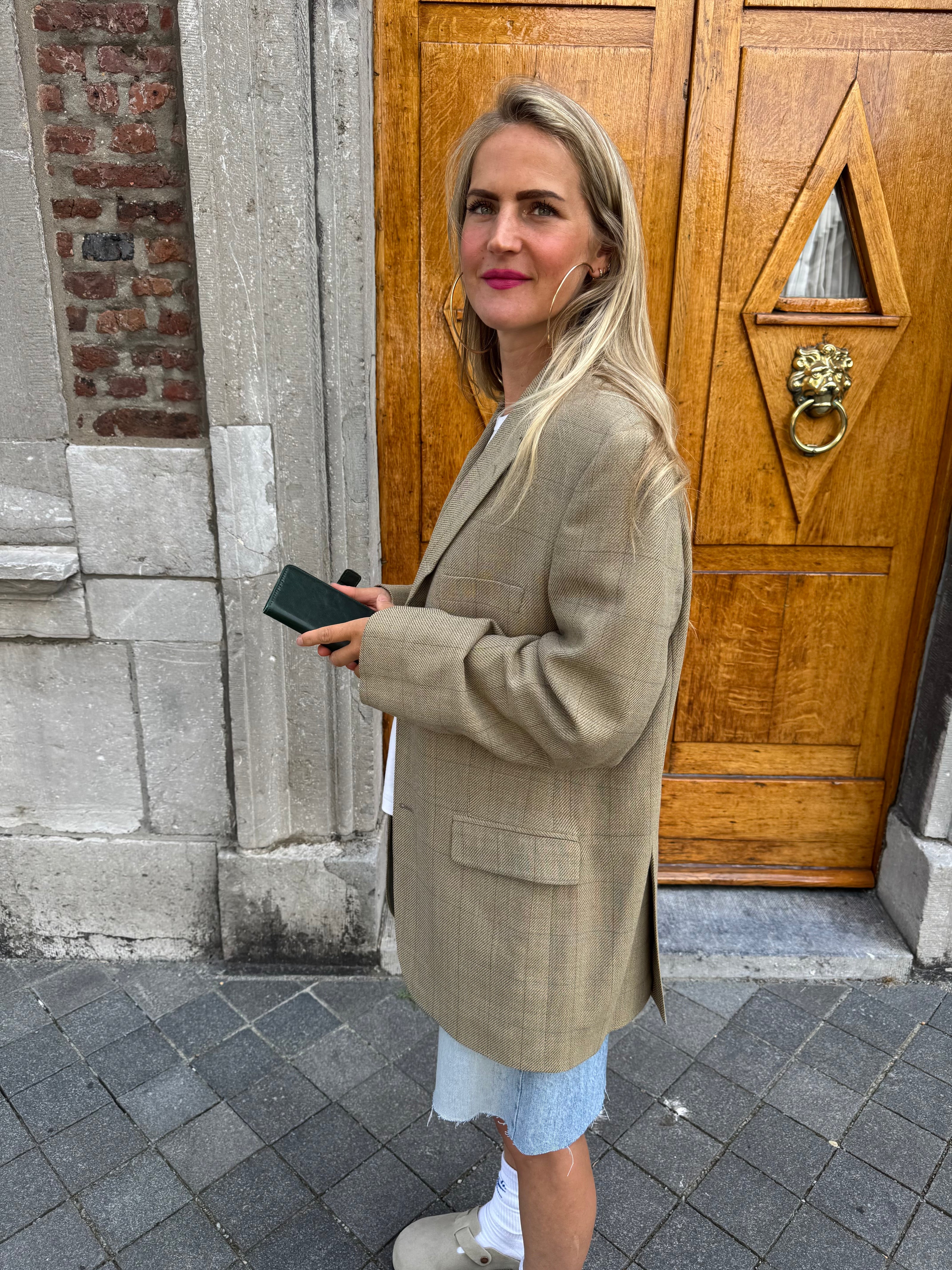 Beige Checked Oversized Blazer
