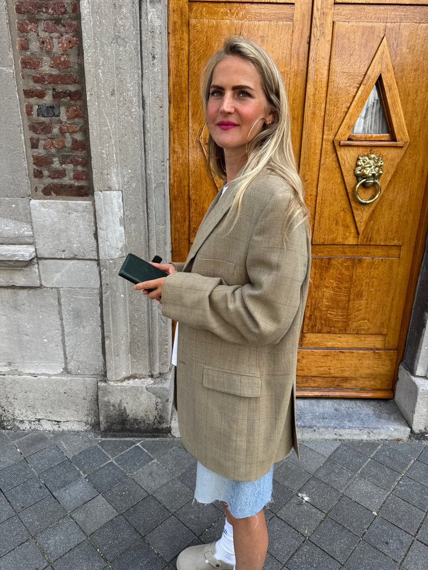 Beige Checked Oversized Blazer